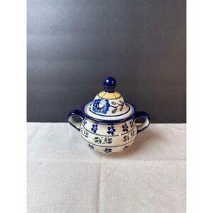 Handmade‎ Polish Pottery Sugar Bowl with Lid Floral Blue and Green Ceramic